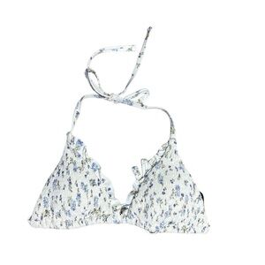 Aqua floral, smocked, white and blue bikini top